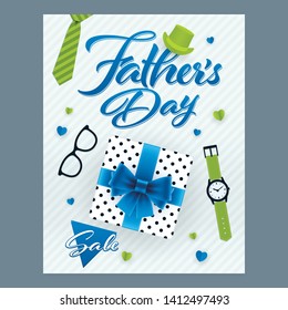 Fathers Day sale banner. Gift box, necktie, watch, eyeglasses and promotion message on vertical background for Fathers Day.
