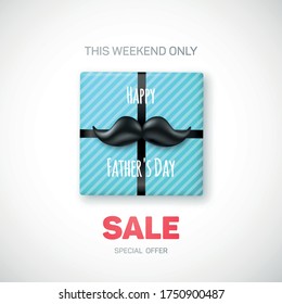 Fathers Day sale banner with gift box and text. Vector design for greeting card, ad, promotion, brochure, social media, marketing, etc.
