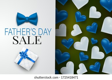 Father's Day sale banner or header background design. Blue tie bow and hearts. Vector illustration.