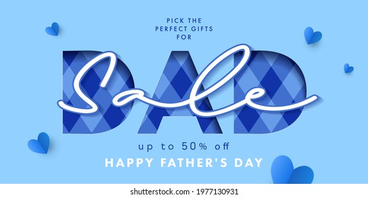 Fathers Day Sale banner, label, flyer, poster or greeting card design with origami hearts and text DAD in paper cut style on blue background with argyle pattern.