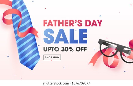 Father's Day Sale banner or poster design with 30% discount offer, necktie and eyeglasses illustration on pink background.