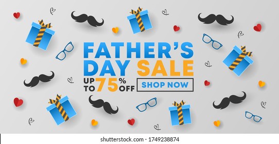 Father's Day Sale banner, poster or flyer design with papercut hearts, gift box, paper mustache, glasses. Open template for ads, advertisement, marketing, social media, promotion.