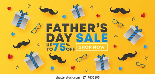 Father's Day Sale banner, poster or flyer design with paper hearts, silver gift box, mustache and glasses on orange background. 