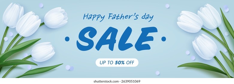 Father's day sale banner with realistic 3d blue tulips on blue background. Discount flyer or invitation design template. Father day concept. Vector illustration