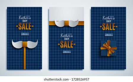 Fathers Day sale banner set. Concept for poster, flyer, banner. Holiday design, blue background, gift box, golden paper cut ribbon, bow tie knot, mustache, paper cut out art style, vector illustration