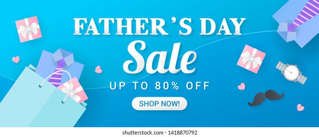Father's Day Sale Banner Vector illustration. Shopping bag with presents. paper craft style.