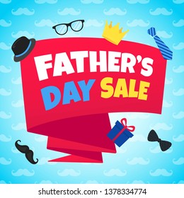 Father's day sale concept template flat style design vector illustration with big ribbon, text typography, gift boxes, hat, golden crown, mustaches, tie bowm eye glasses and funny background.