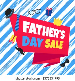 Father's day sale concept template flat style design vector illustration with big ribbon, text typography, gift boxes, hat, golden crown, mustaches, tie bowm eye glasses and funny background.
