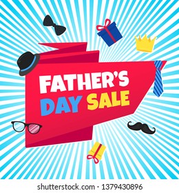 Father's day sale concept template flat style design vector illustration with big ribbon, text typography, gift boxes, hat, golden crown, mustaches, tie bowm eye glasses and funny background.