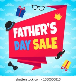 Father's day sale concept template flat style design vector illustration with big ribbon, text typography, gift boxes, hat, golden crown, mustaches, tie bowm eye glasses and funny background.