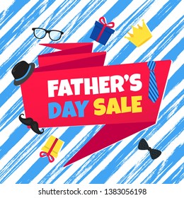 Father's day sale concept template flat style design vector illustration with big ribbon, text typography, gift boxes, hat, golden crown, mustaches, tie bowm eye glasses and funny background.