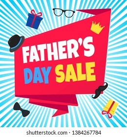 Father's day sale concept template flat style design vector illustration with big ribbon, text typography, gift boxes, hat, golden crown, mustaches, tie bowm eye glasses and funny background.