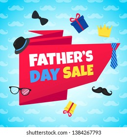 Father's day sale concept template flat style design vector illustration with big ribbon, text typography, gift boxes, hat, golden crown, mustaches, tie bowm eye glasses and funny background.