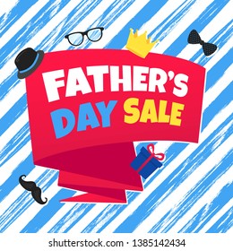 Father's day sale concept template flat style design vector illustration with big ribbon, text typography, gift boxes, hat, golden crown, mustaches, tie bowm eye glasses and funny background.