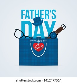 Fathers Day sale flyer. Gifts coming out of shopping bag for Fathers Day.