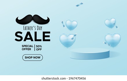 Father's day sale with geometric podium and heart balloons, confetti. Love concept