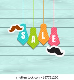 Father's Day sale offer. Colored tie and mustache man with lettering, isolated on blue wooden background template for promotion banner, ads, flyer, invitation, poster, brochure, discount . Vector