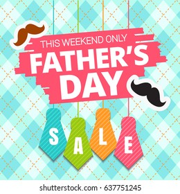 Father's Day sale offer. Colored tie and mustache man with lettering, isolated on blue seamless background template for promotion banner, ads, flyer, invitation, poster, brochure, discount . Vector