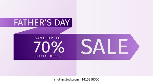 Father's Day Sale Offer. Untied violet tie with inscription and percentage of discounts. 70% off. Vector template for banner promotion, advertising, flyer, invitation, poster, brochure, discount