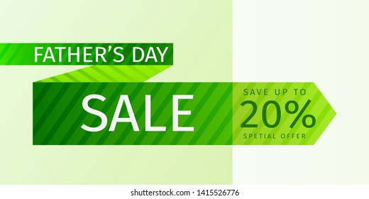 Father's Day Sale Offer. Untied striped green tie with the inscription and percentage of discounts. 20% off. Vector template for banner promotion, advertising, flyer, invitation, poster, brochure