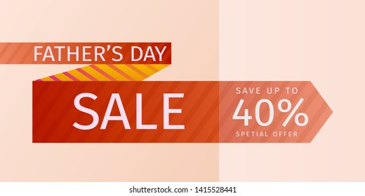 Father's Day Sale Offer. Untied striped orange tie with the inscription and percentage of discounts. 40% off. Vector template for banner promotion, advertising, flyer, invitation, poster, brochure
