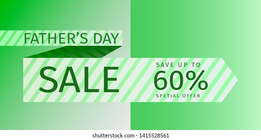 Father's Day Sale Offer. Untied striped green tie with the inscription and percentage of discounts. 60% off. Vector template for banner promotion, advertising, flyer, invitation, poster, discount