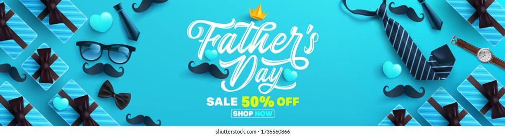 Father's Day Sale poster or banner template with necktie,glasses and gift box on blue background.Greetings and presents for Father's Day in flat lay styling.Promotion and shopping template for dad