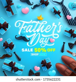Father's Day Sale poster or banner template with necktie,glasses and gift box on blue background.Greetings and presents for Father's Day in flat lay styling.Promotion and shopping template for dad