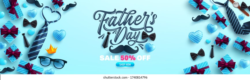 Father's Day Sale poster or banner template with necktie and gift box on blue background.Greetings and presents for Father's Day in flat lay styling.Promotion and shopping template for love dad