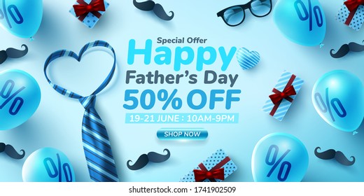 Father's Day Sale poster or banner template with glasses and heart shape by necktie on blue background.Greetings and presents for Father's Day.Promotion and shopping template for love dad
