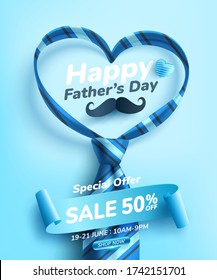 Afiche de la venta del día del padre o patrón de banner con forma de corazón por corbata sobre fondo azul.Saludos y regalos para el Día del Padre.Promoción y plantilla de compras para papá amoroso