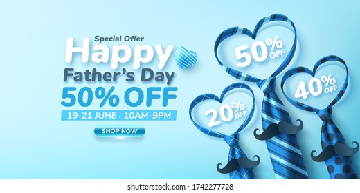 Father's Day Sale poster or banner template with heart shape by necktie on blue background.Greetings and presents for Father's Day.Promotion and shopping template for love dad