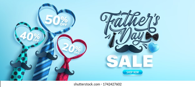 Afiche de la venta del día del padre o patrón de banner con forma de corazón por corbata sobre fondo azul.Saludos y regalos para el Día del Padre.Promoción y plantilla de compras para papá amoroso