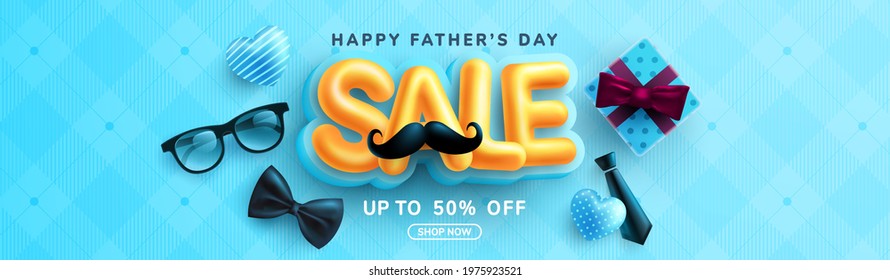 Father's Day Sale poster or banner template with necktie,glasses and gift box on blue.Greetings and presents for Father's Day in flat lay styling.Promotion and shopping template for love dad concept