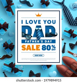 Father's Day Sale poster or banner template with necktie,glasses and gift box on blue.Greetings and presents for Father's Day in flat lay styling.Promotion and shopping template for love dad concept