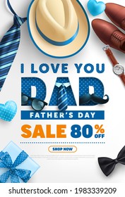 Father's Day Sale poster or banner template with Men Hat,Necktie and gift box on blue.Greetings and presents for Father's Day in flat lay styling.Promotion and shopping template for love dad concept