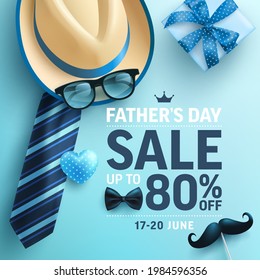 Afiche de la venta del día del padre o plantilla de pancarta con sombrero de hombre, corbata de cuello y caja de regalo en azul.Saludos y regalos para el día del padre en estilo laico plano.Plantilla de promoción y compras para el concepto de papá de amor