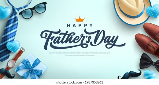 Father's Day Sale poster or banner template with necktie,glasses,hat and gift box.Greetings and presents for Father's Day in flat lay styling.Promotion and shopping template for love dad concept