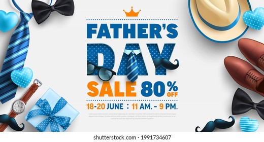 Father's Day Sale poster or banner template with Men Hat,Necktie and gift box on blue.Greetings and presents for Father's Day in flat lay styling.Promotion and shopping template for love dad concept