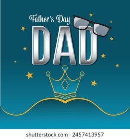 Father's Day Sale poster or banner with Embosed DAD text, glasses, Crown, and mustache on sea blue background. Love the DAD concept.
