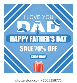 Father's Day Sale poster or banner  with gift box on blue. Flat vector modern illustration 