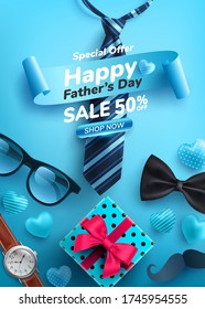 Afiche de venta del Día del Padre con liofilizado de lentes, corbata, reloj y regalos para papá.Saludos y regalos para el Día del Padre.Promoción y plantilla de compras para el concepto de papá de amor.Ilustración vectorial eps 10