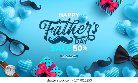 Father's Day Sale poster with flatlay of Glasses,Necktie,Watch and Gifts for dad.Greetings and presents for Father's Day.Promotion and shopping template for love dad concept.Vector illustration eps 10