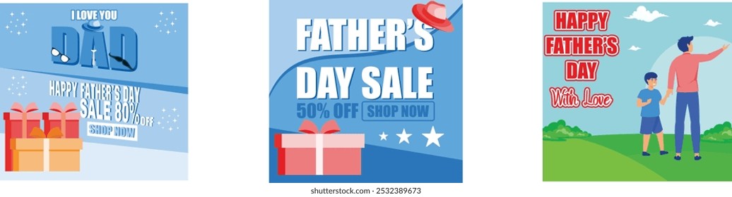 Father's Day Sale Poster with tie, hat, glasses and gift box. Promotional template for Father's Day. Cute Father's Day card flying a kite and walking together. Set flat vector modern illustration