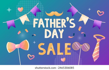 Father's Day Sale Promotion Banner. Greeting card, poster or banner with bow tie, for congratulating dady.glasses, mustache, balloons. Vector illustration