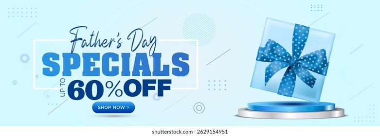 Father's day sale promotion banner design. Special discount, offer, deals upto 50% off with product display podium concept. 