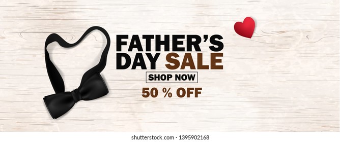 Father's Day Sale Promotion Poster or banner, social Media, Marketing Design with black bow tie, red heard on wooden background. Promotion and shopping template for Father's Day. Vector illustration.