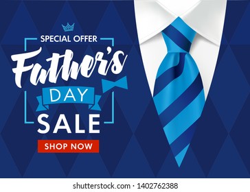 Father's Day Sale Promotion Poster or banner with striped blue tie and men's sweater. Promotion and shopping template for Fathers Day. Vector illustration 