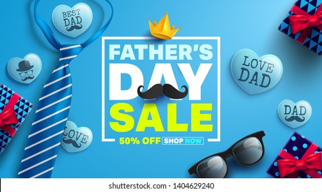 Father's Day Sale Promotion Poster or banner with cute blue heart by text inside and gift box for dad concept.Promotion and shopping template for Father's Day.Vector illustration EPS10