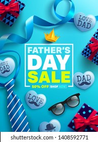 Father's Day Sale Promotion Poster or banner with cute blue heart by text inside and gift box for dad concept.Promotion and shopping template for Father's Day.Vector illustration EPS10